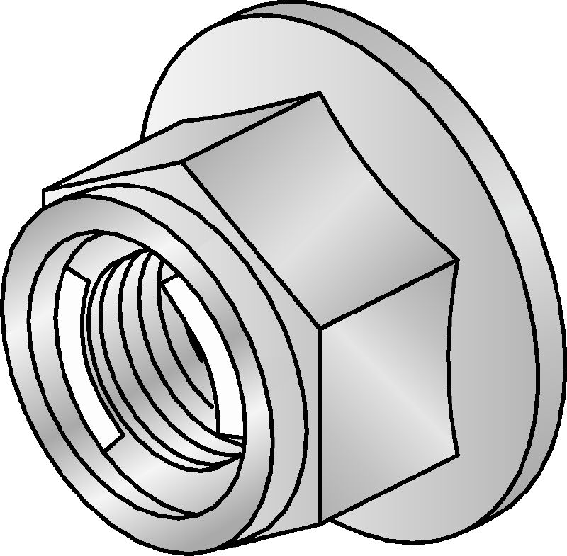 Шестостенна гайка M12-F-SL-WS 3/4 Горещо поцинкована (HDG) шестостенна гайка със самозаключващ се механизъм, която се използва с всички конектори MI